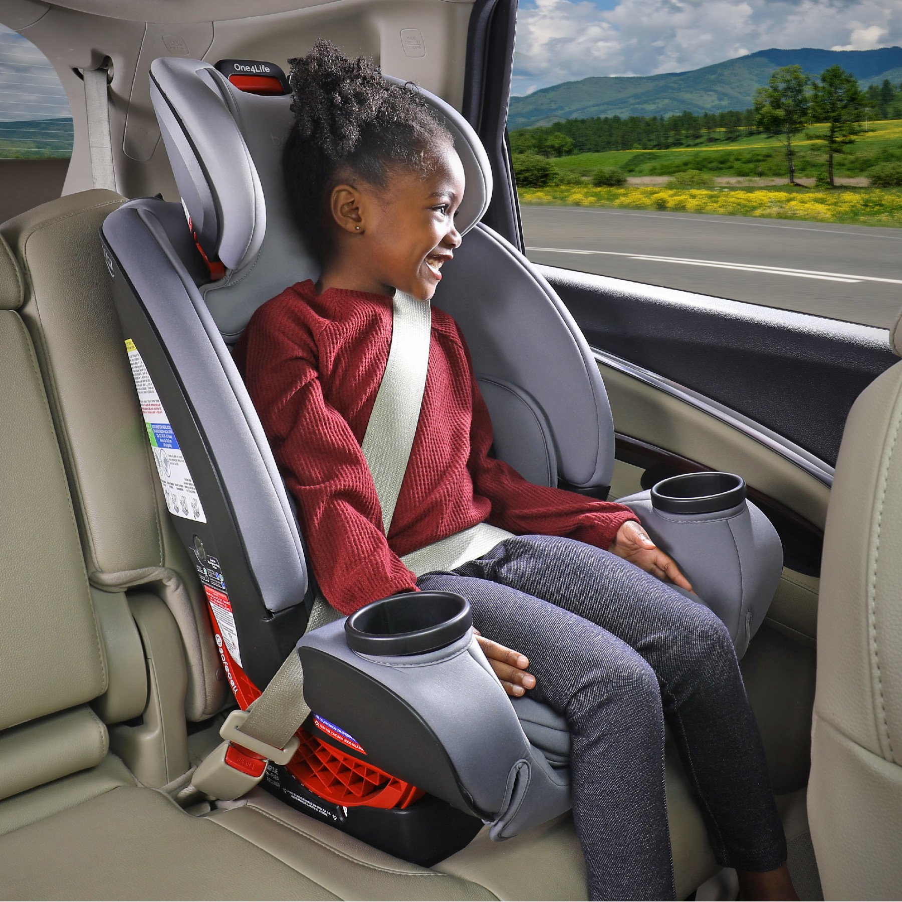 Girl Forward Facing in Big Kid Mode with Vehicle Seatbelt (Copy)