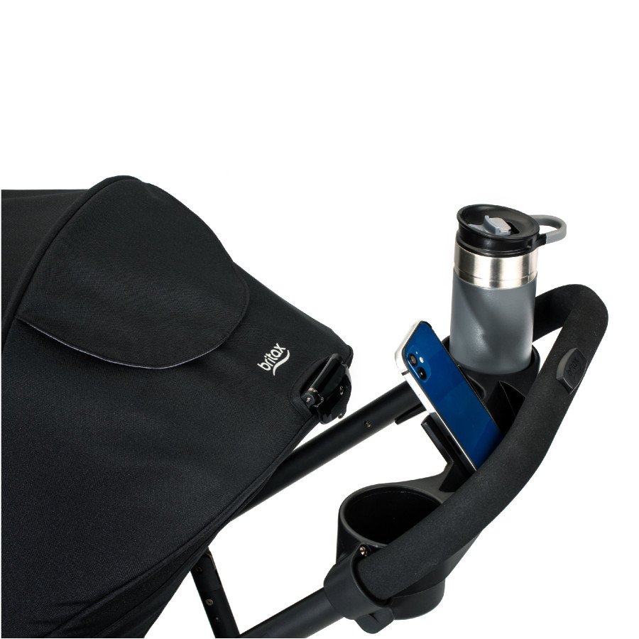 Closeup of Parent Tray on a Brook+ Stroller holding a water bottle and a smartphone
