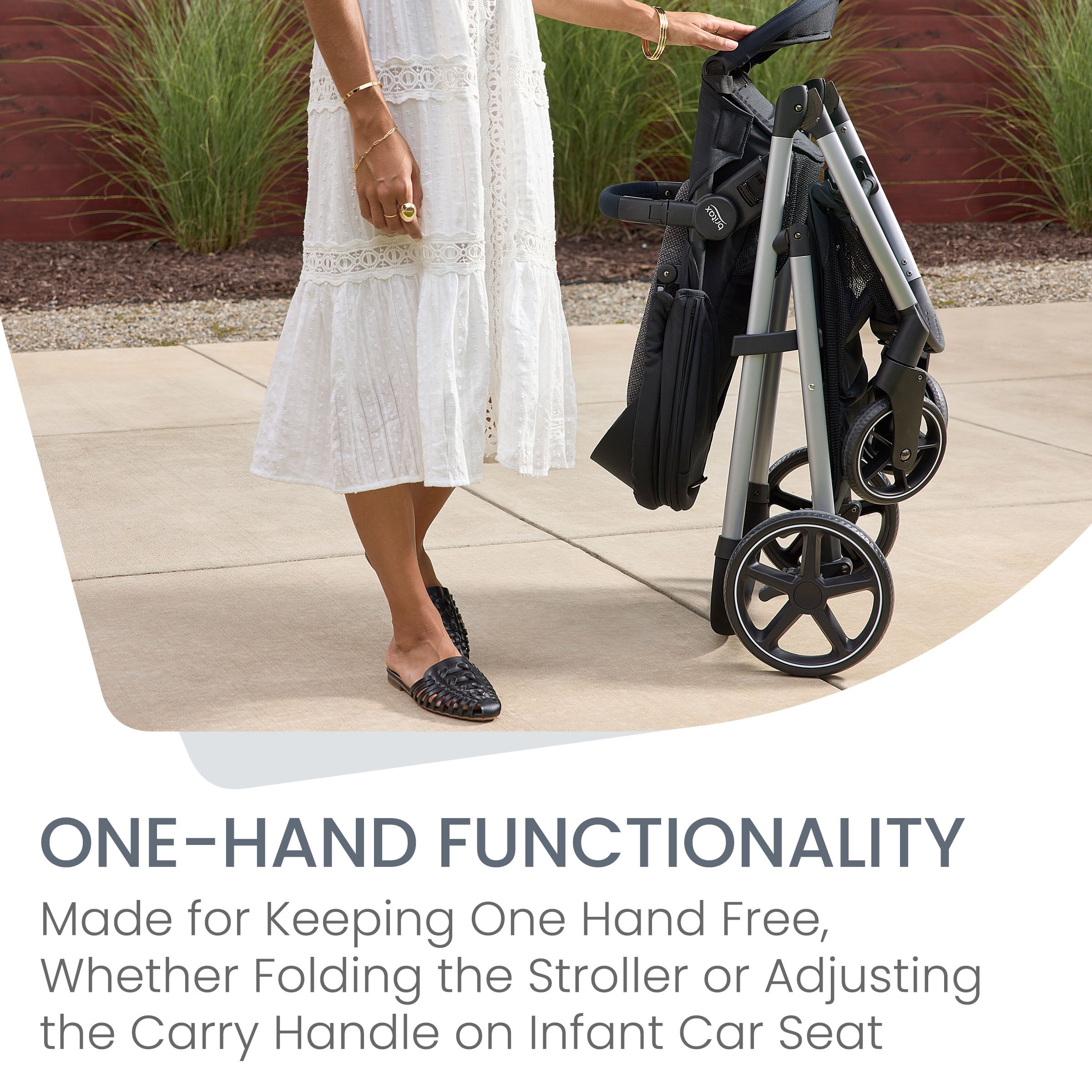 Grove Stroller Folded using One-Hand Functionality
