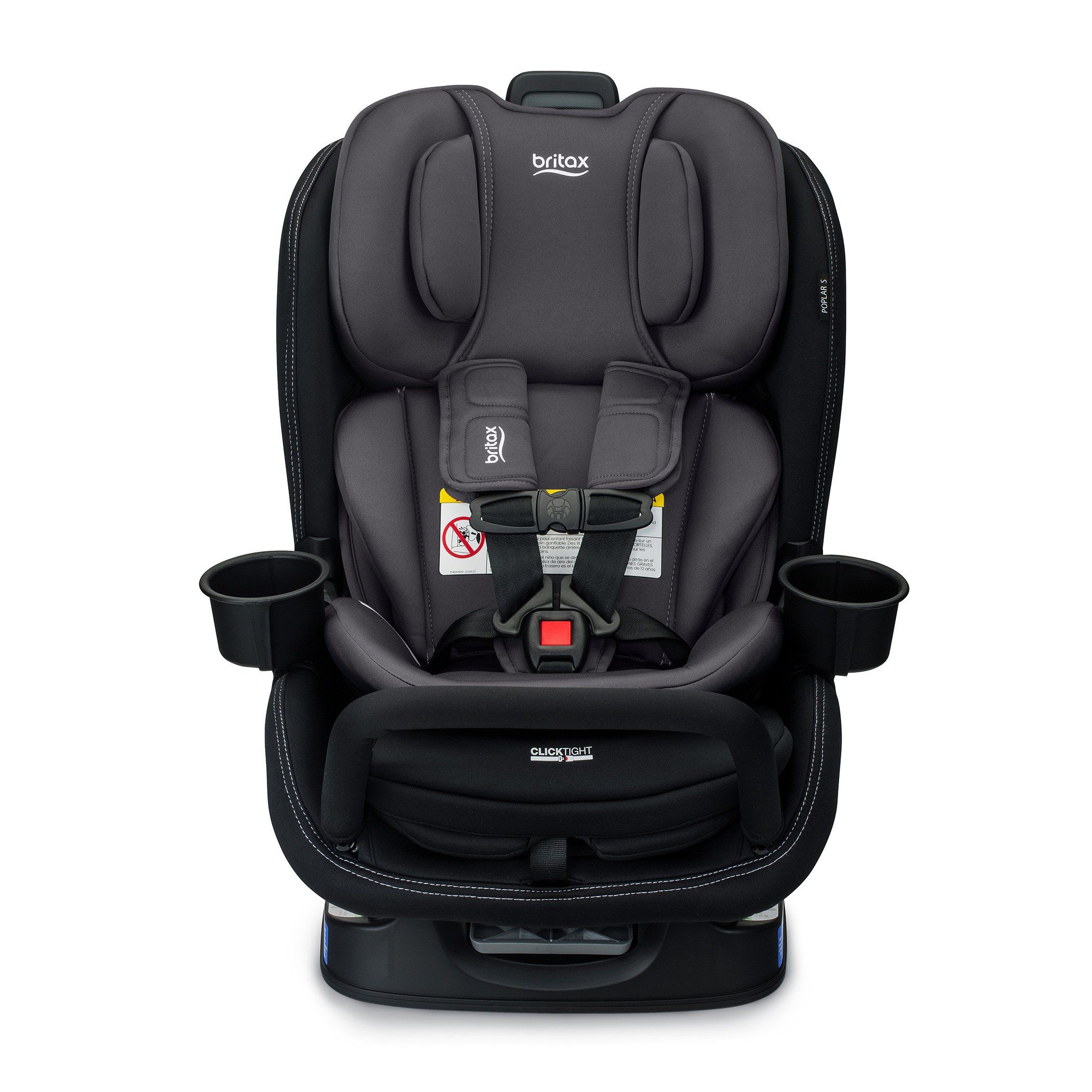 Center Facing Poplar S Stone Onyx Britax car seat with an anti-rebound bar and two cup holders.   