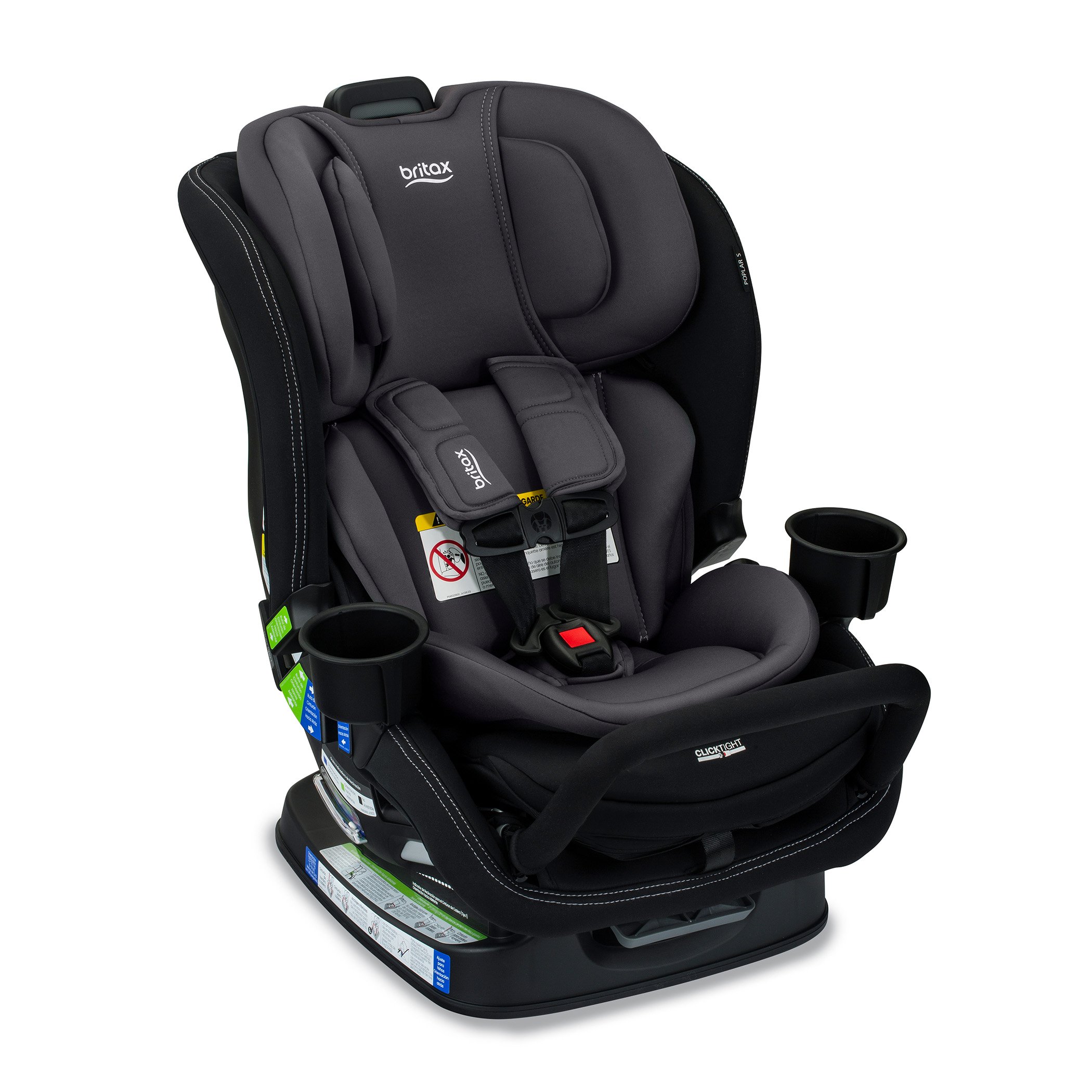 Right Facing Poplar S Stone Onyx Britax car seat with an anti-rebound bar and two cup holders.   