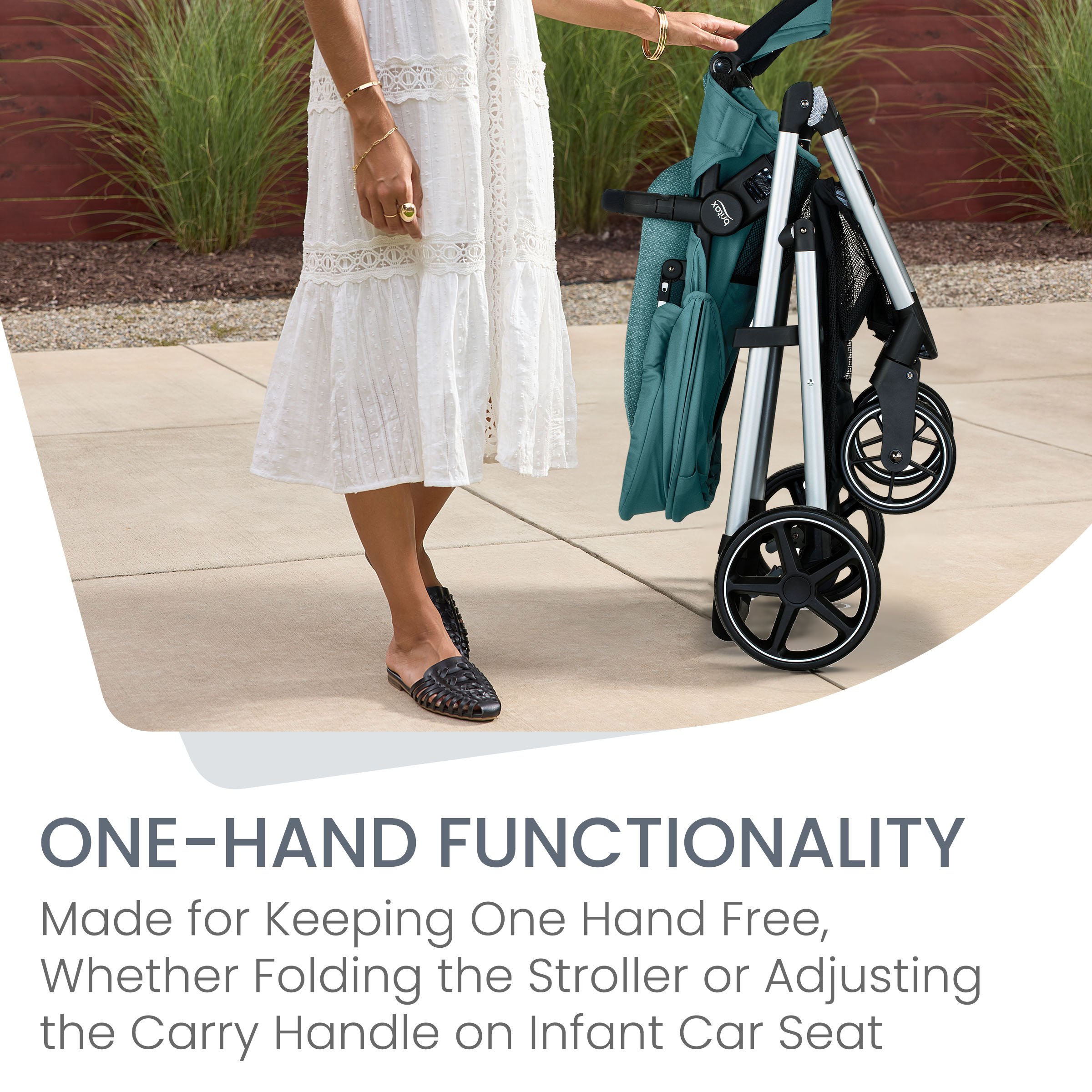 Mom demonstrating One-Hand Functionality with folded Grove stroller