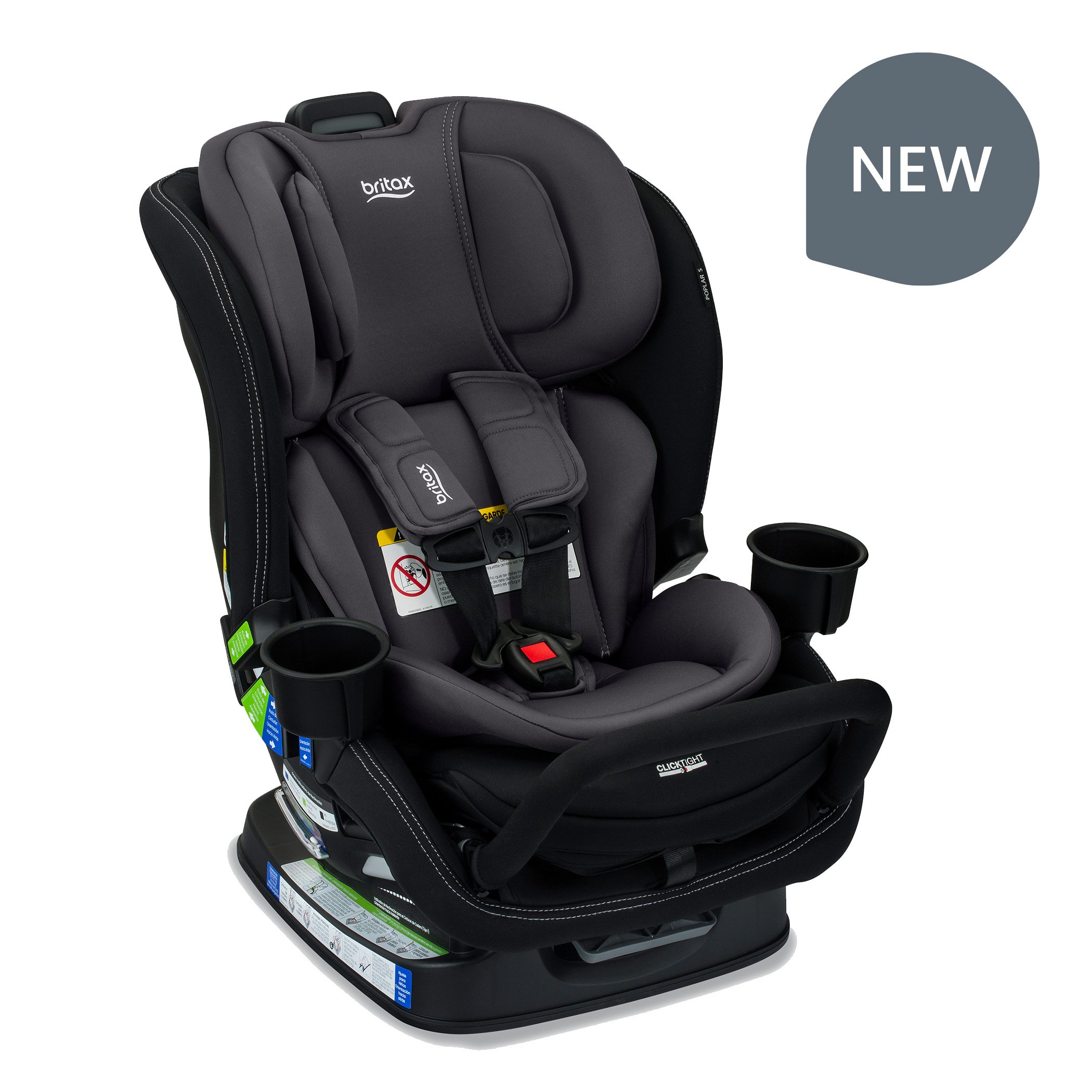 NEW. Dark grey and black Britax car seat with an anti-rebound bar and two cup holders.  