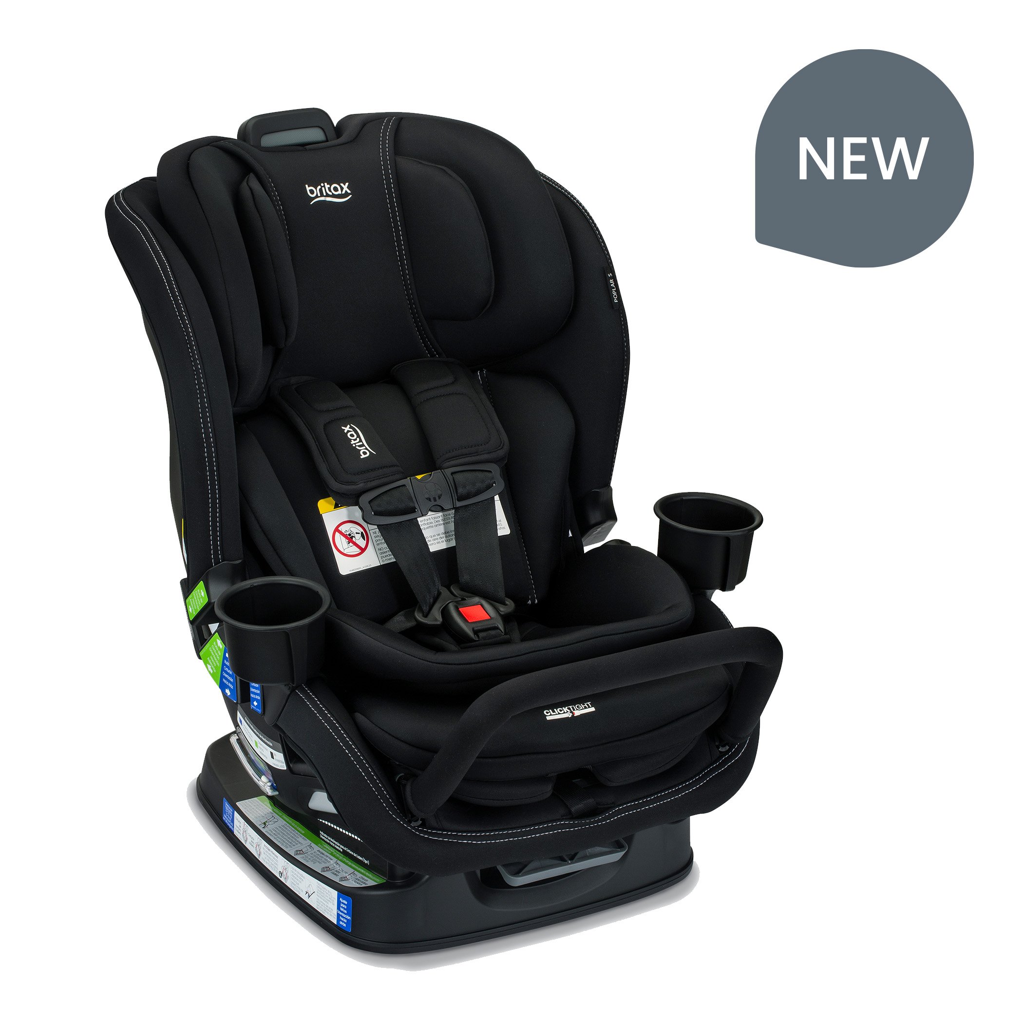 NEW. Black Britax car seat with an anti-rebound bar and two cup holders.  