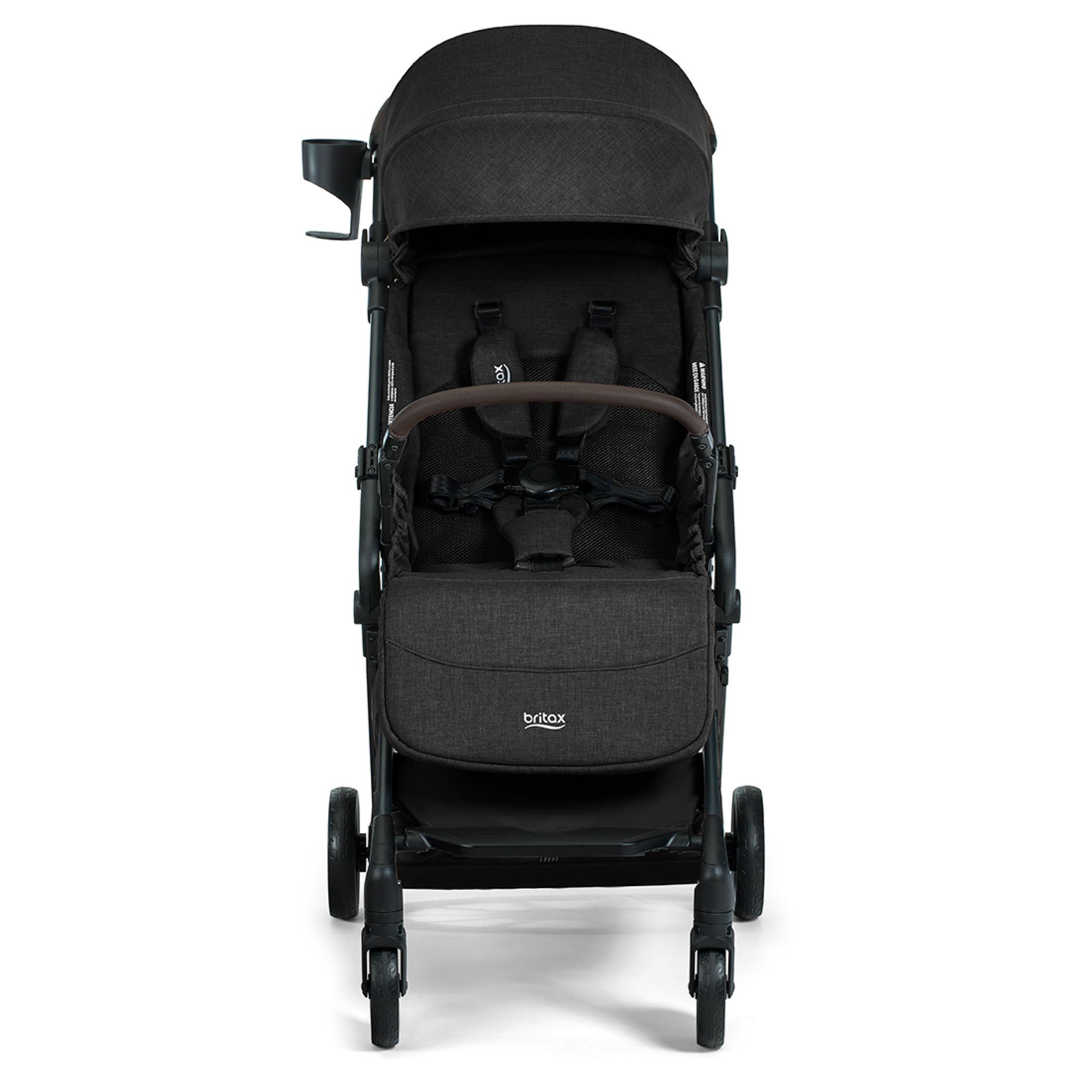 A black stroller with a brown bumper bar, a canopy, a cup holder, and the Britax logo on the leg rest.