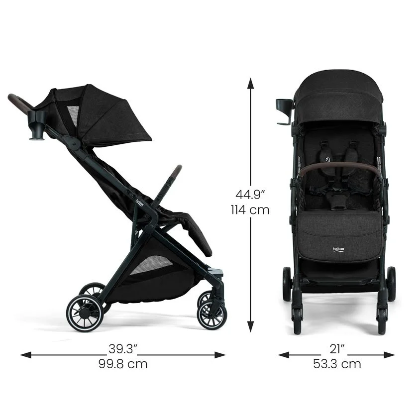 Unfolded stroller dimensions. 39.3 inches long, 44.9 inches tall, 21 inches wide.