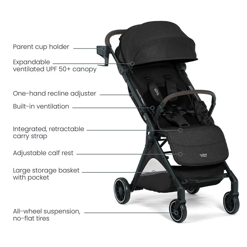 Parent cup holder. UPF 50+ canopy. One-hand recline. Carry strap. Calf rest. Large storage basket. All-wheel suspension. 