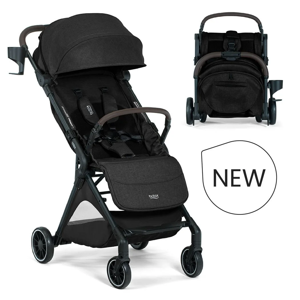 New. A black stroller with a brown bumper bar, a canopy, a storage basket, a cup holder, and the Britax logo. 