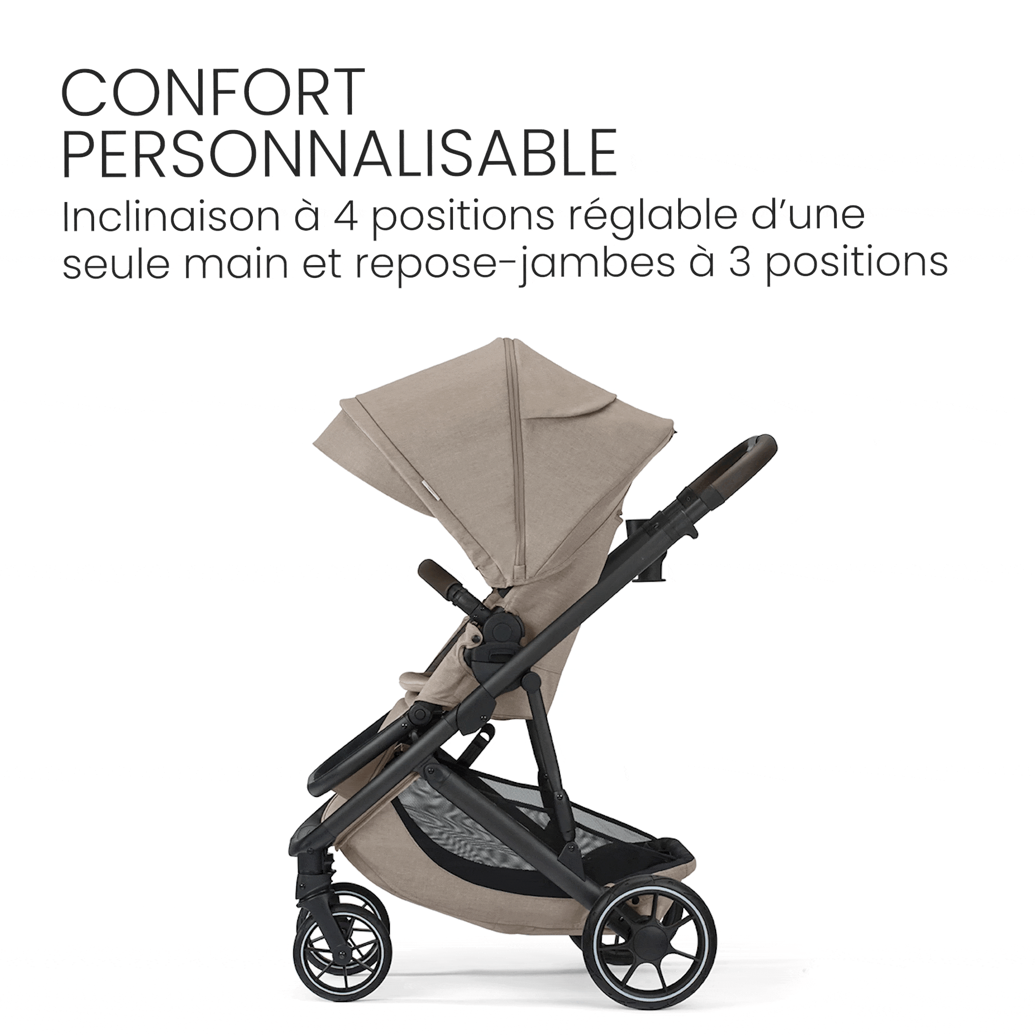 Confort personnalisable. Inclinaison à 4 positions réglable d’une seule main et repose-jambes à 3 positions. 