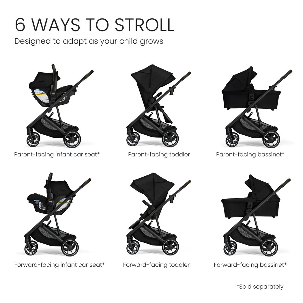 6 ways to stroll. Designed to adapt as your child grows. Bassinet and car seat sold separately. 