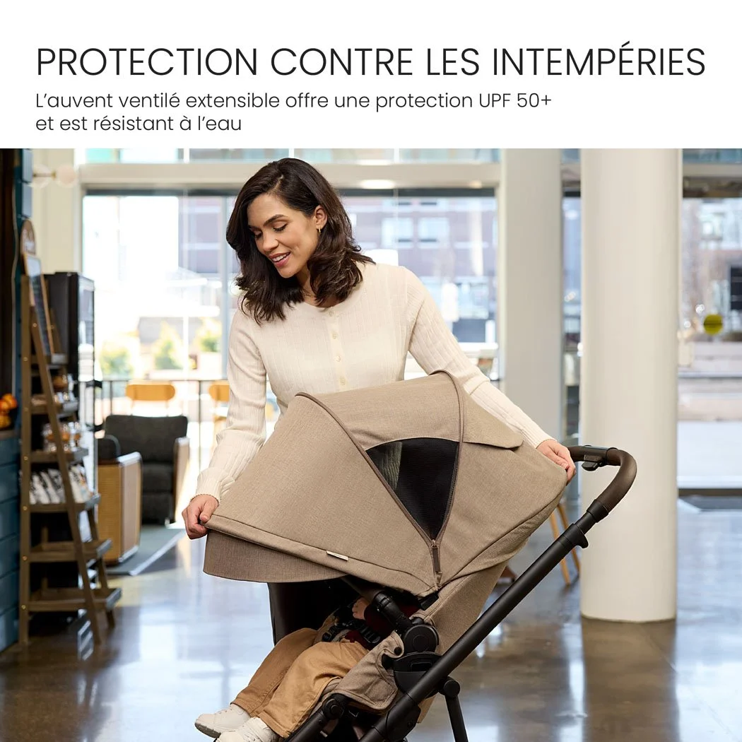Protection météo. Auvent ventilé et extensible, UPF 50+ et résistant à l’eau. 