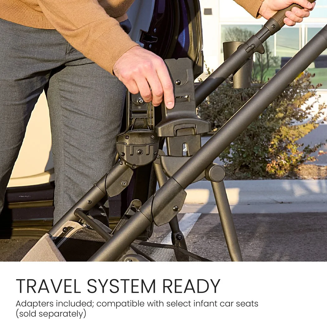 Travel system ready. Adapters included; compatible with select infant car seats (sold separately).  