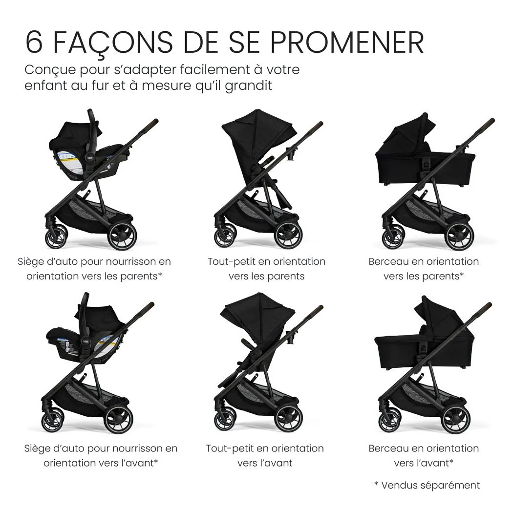 6 modes de promenade. Conçue pour s’adapter facilement à votre enfant au fur et à mesure qu’il grandit. 