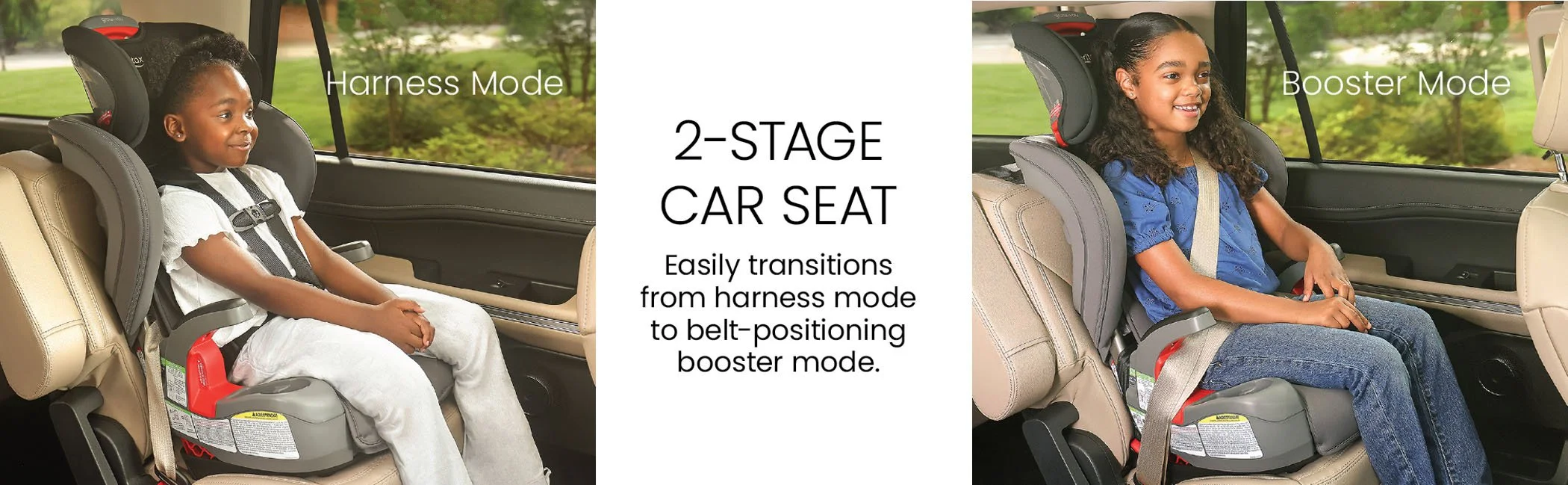 2-stage car seat easily transitions from harness mode to belt-positioning booster mode.