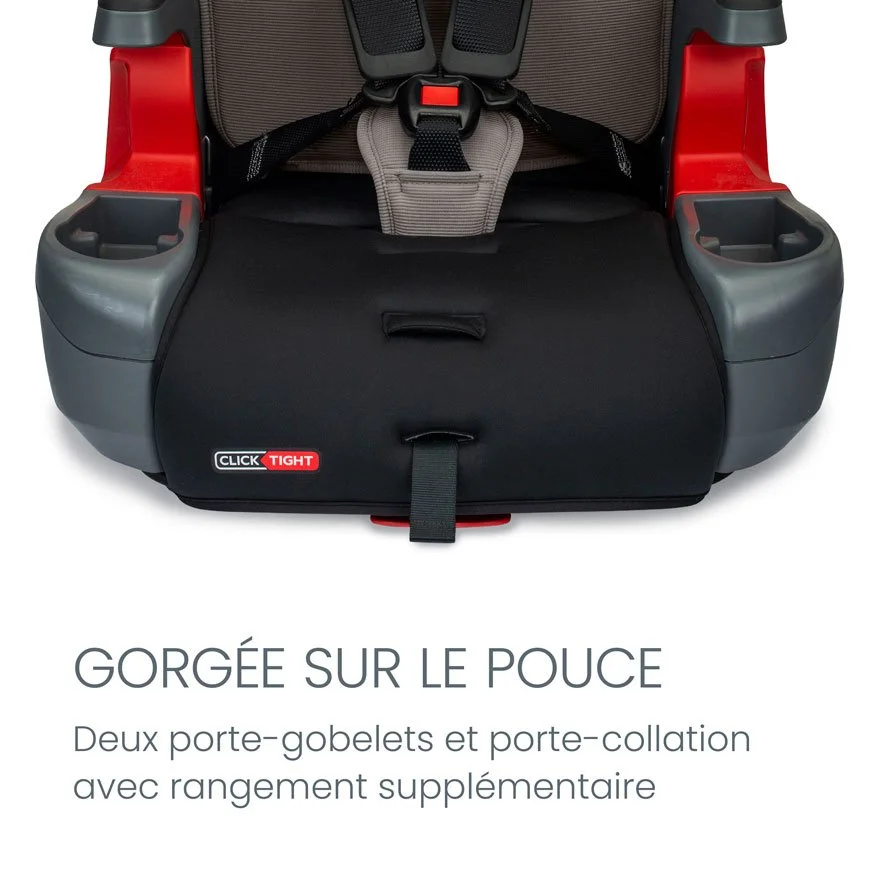 Gorgée sur le pouce. Deux porte-gobelets et porte-collation avec rangement supplémentaire.