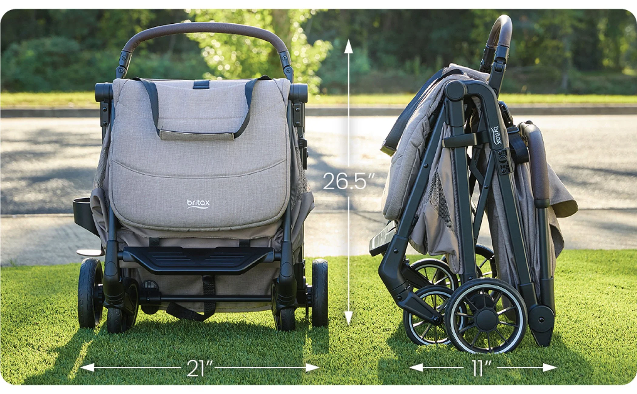 A stroller in folded position with dimensions.