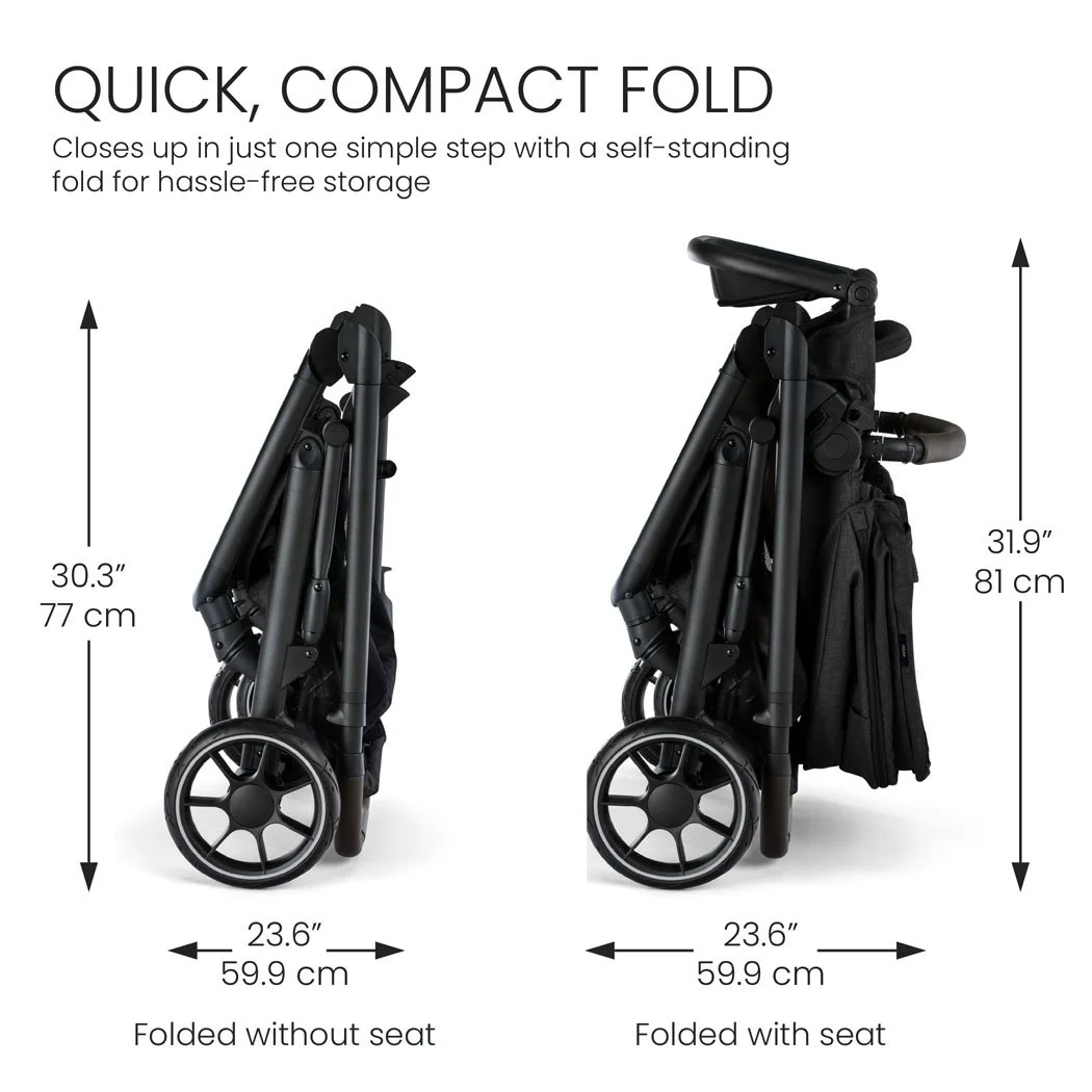 Quick, compact fold. Closes in just one simple step with a self-standing fold for hassle-free storage. 