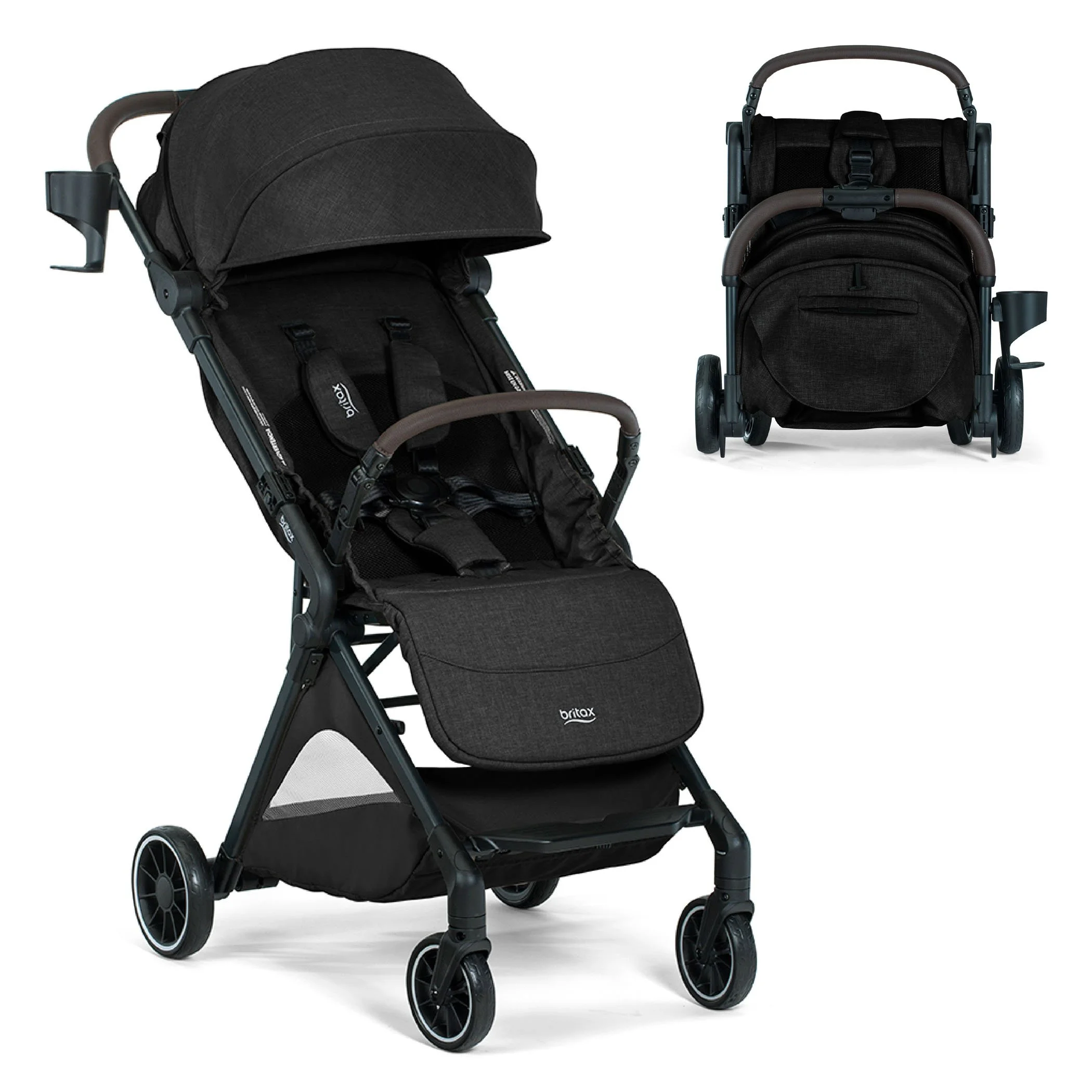 Une poussette noire avec une barre de protection, un auvent, un porte-gobelet et le logo Britax.