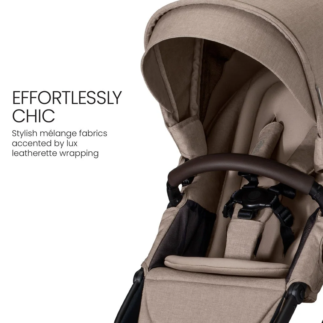 Effortlessly chic. Stylish mélange fabrics accented by lux leatherette wrapping. 