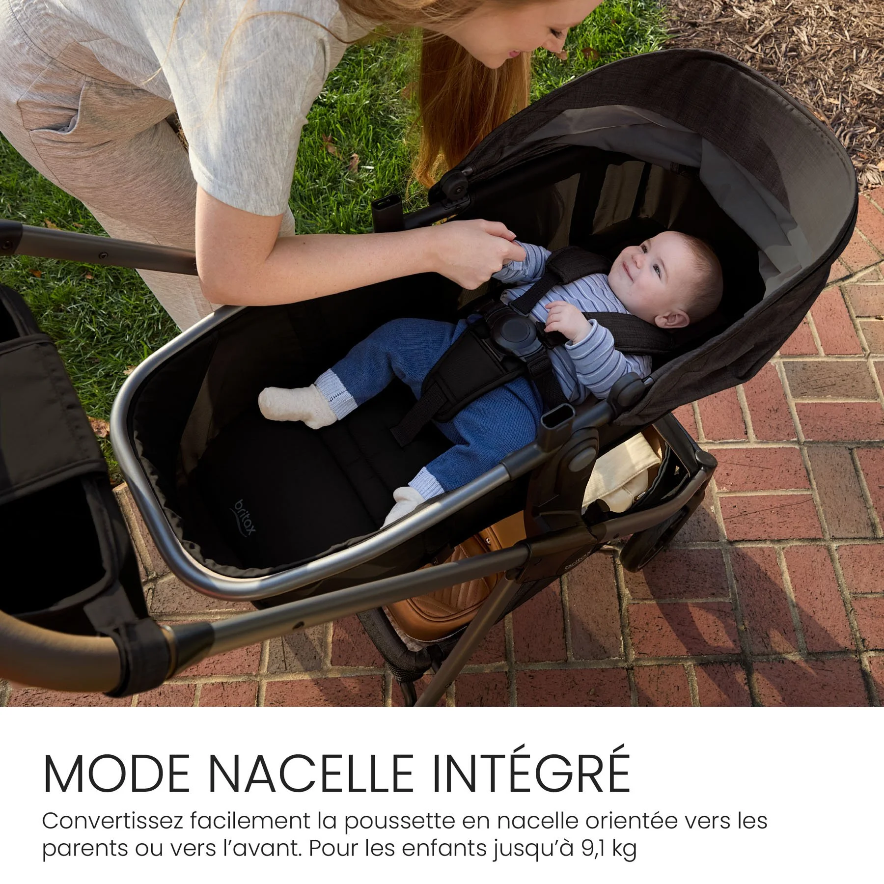 Convertissez facilement la poussette en nacelle orientée vers les parents ou vers l’avant. Pour les enfants jusqu’à 9,1 kg. 