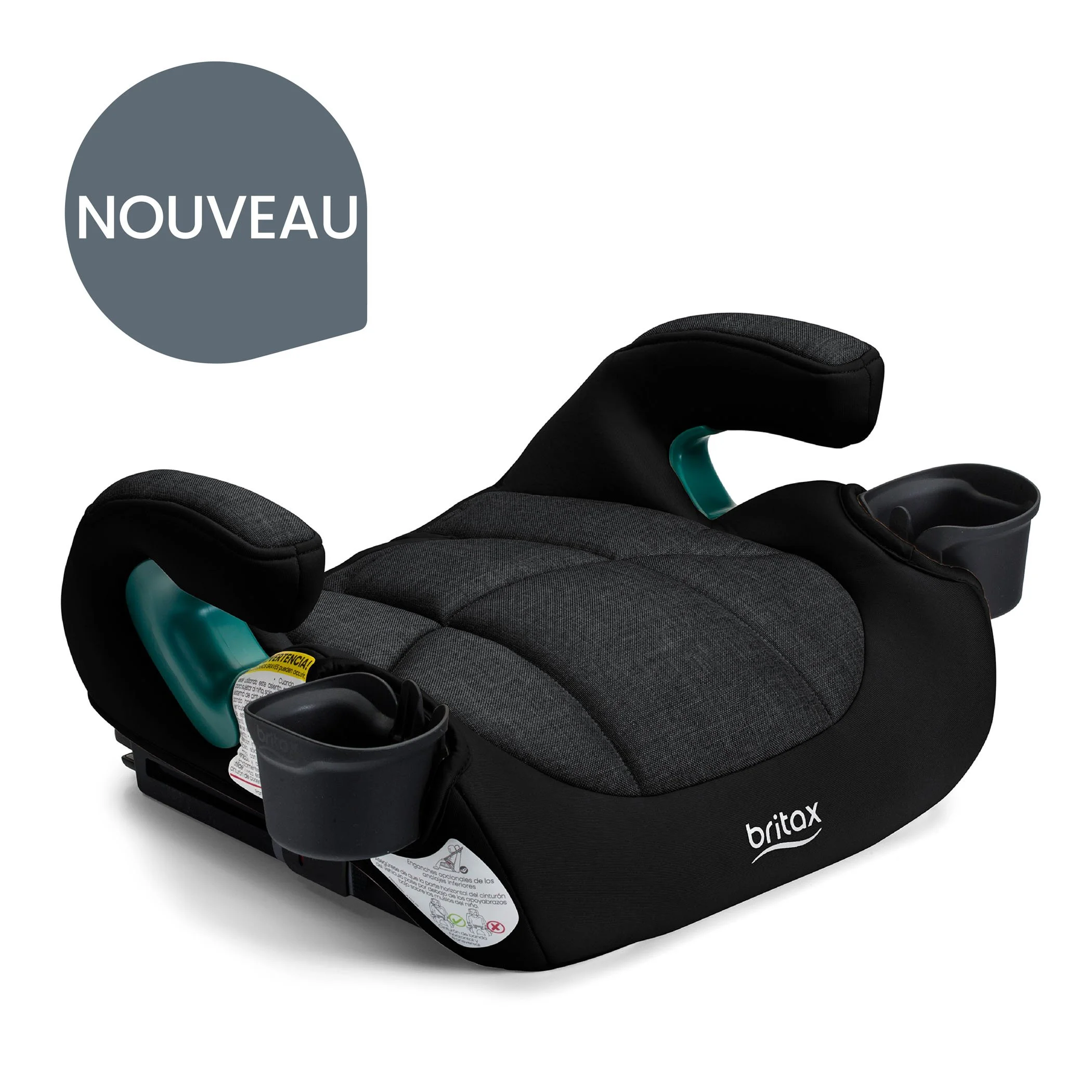 Nouveau. Un rehausseur de siège auto sans dossier, avec une housse noire, des accoudoirs et deux porte-gobelets. 