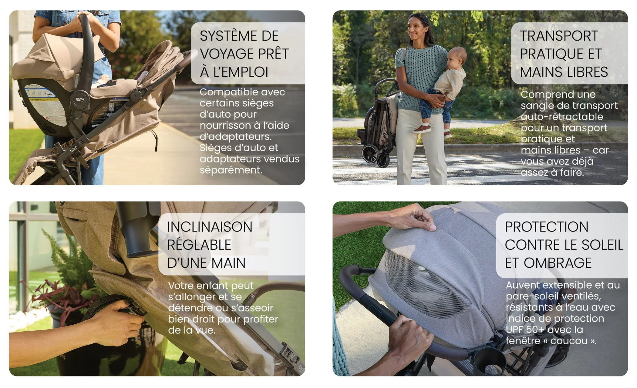 Système de voyage prêt à l’emploi. Transport pratique et mains libres. Inclinaison réglable d’une main. Protection contre le soleil et ombrage