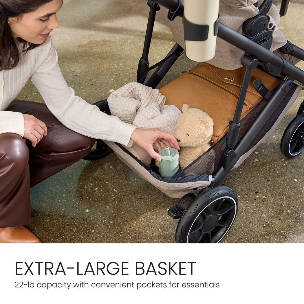 Extra-large basket. 22-pound capacity with convenient pockets for essentials.