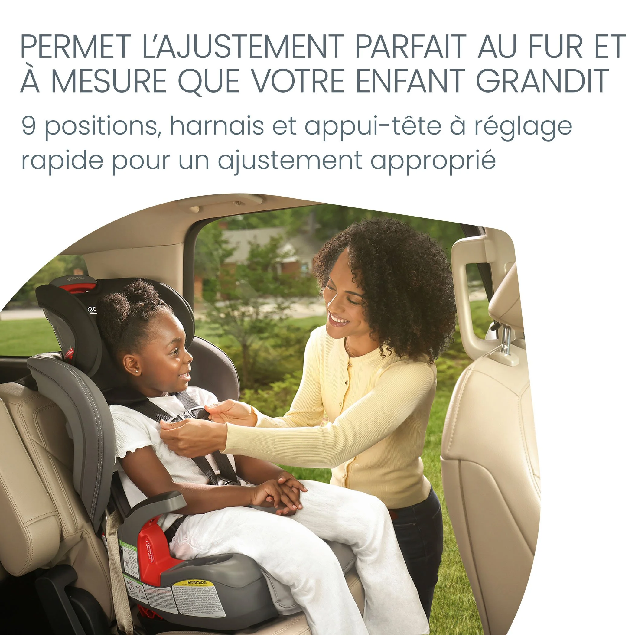 Permet l'ajustement parfait au fur et à mesure que votre enfant grandit. 9 positions, harnais et appui-tête à réglage rapide pour un ajustement approprié