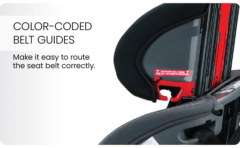 Color-coded belt guides make it easy to route the seat belt correctly.