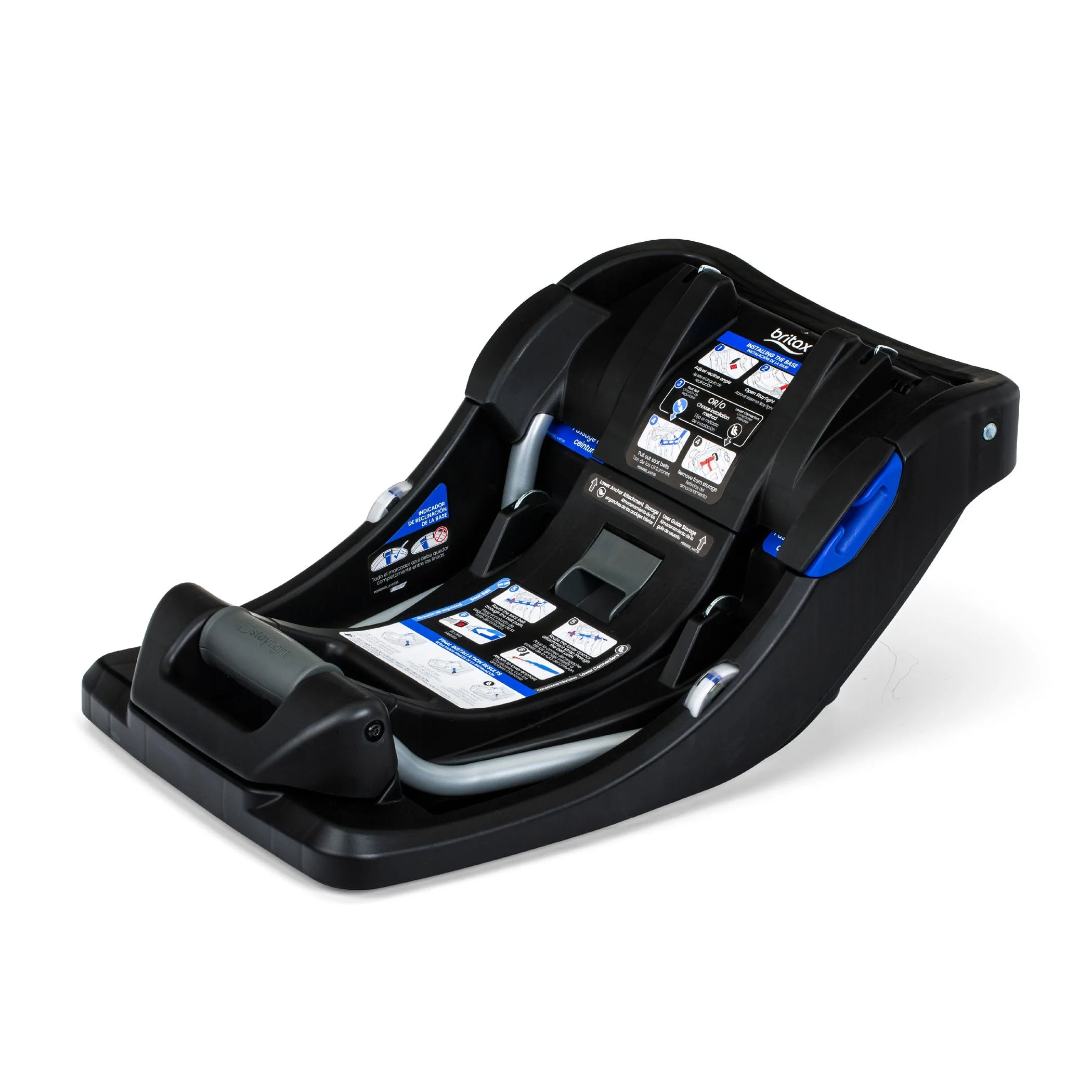 An infant car seat base with several white and blue instruction labels and a blue belt path. 