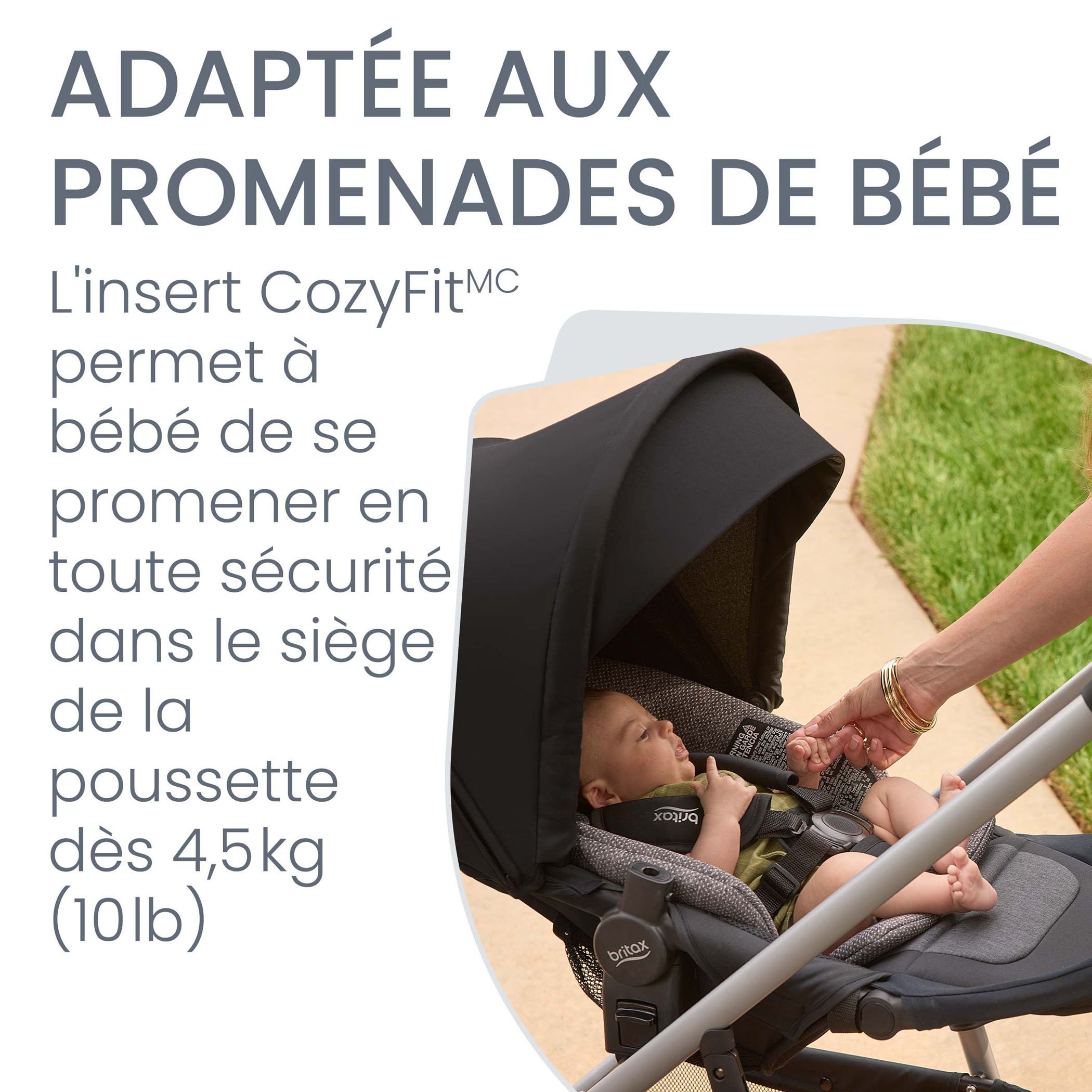 L'insert CozyFit permet à bébé de se promener en toute sécurité dans le siège de la poussette dès 4,6kg
