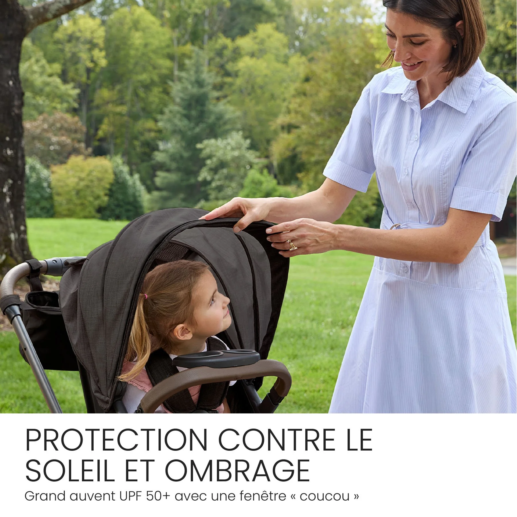 Protection contre le soleil et ombrage. Grand auvent UPF 50+ avec une fenêtre « coucou ».  