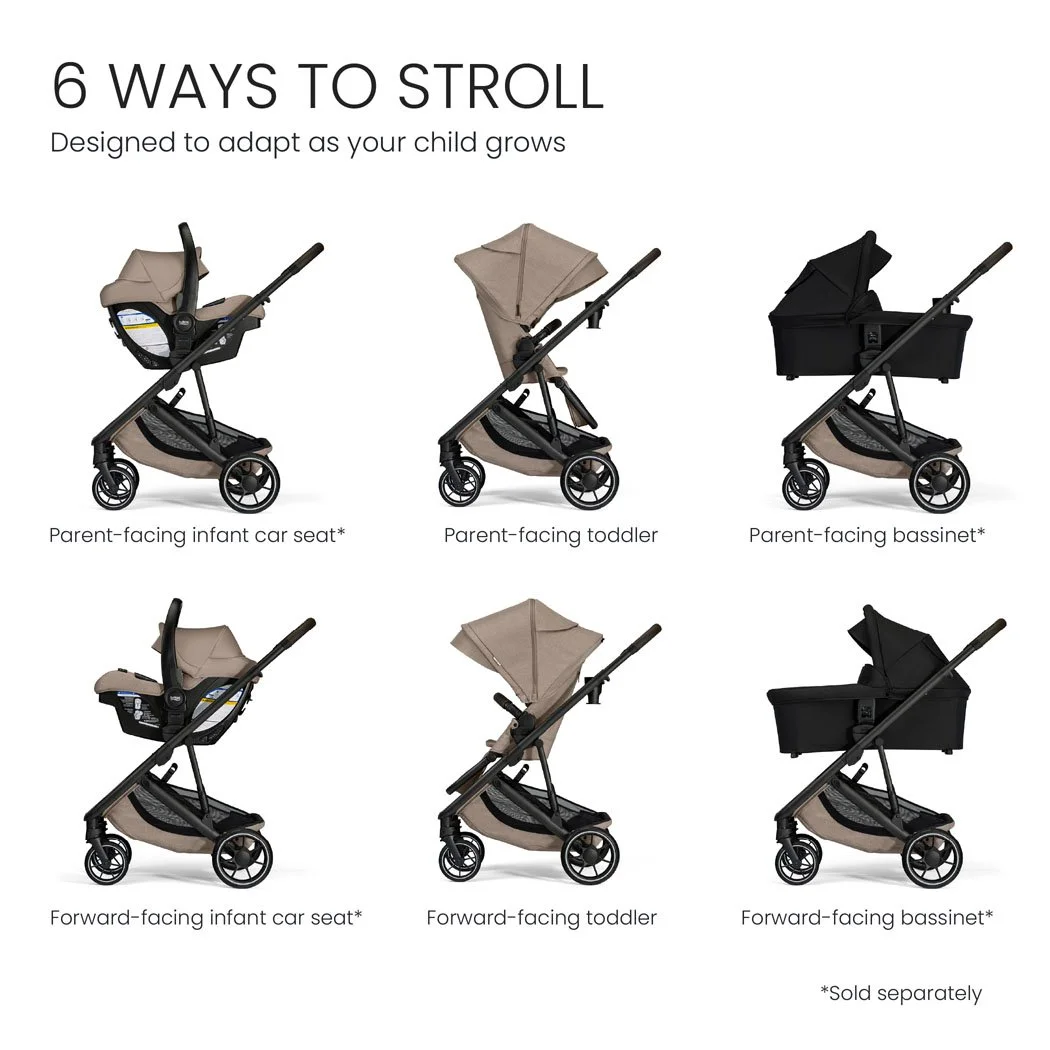 6 ways to stroll. Designed to adapt as your child grows. Bassinet and car seat sold separately. 