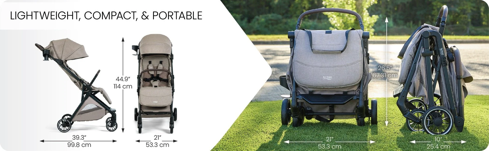 Lightweight, compact, and portable. A stroller in folded and unfolded positions with dimensions.