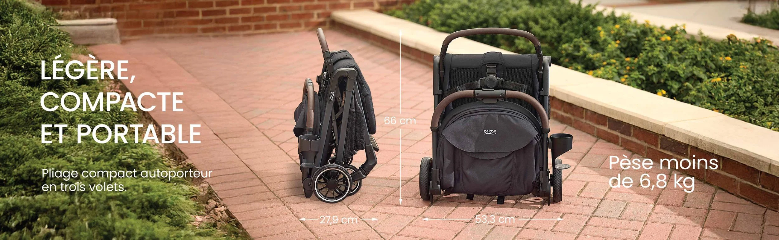 Pliage compact autoporteur. Dimensions plié : 27,9 cm longueur, 66 cm hauteur et 53,3 cm largeur.