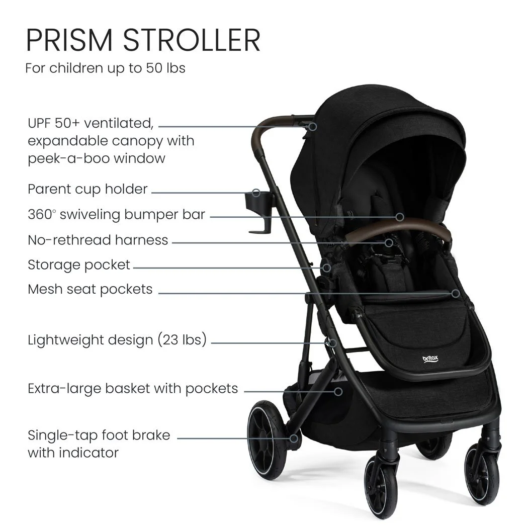 Prism stroller: for children up to 50 pounds. Peek-a-boo window, lightweight design, parent cup holder, no-rethread harness. 