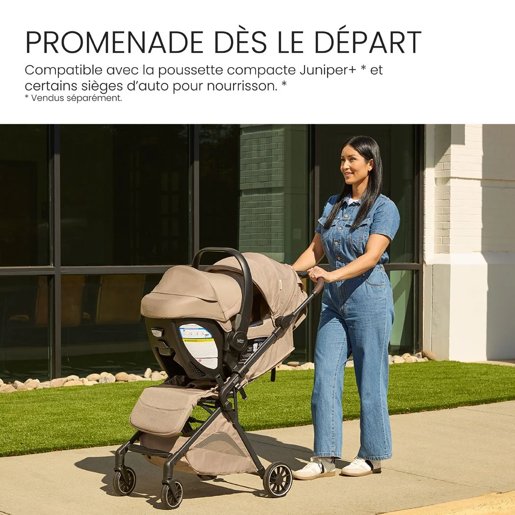 Compatible avec la poussette compacte Juniper+ et certains sièges d’auto pour nourrisson. Vendus séparément. 