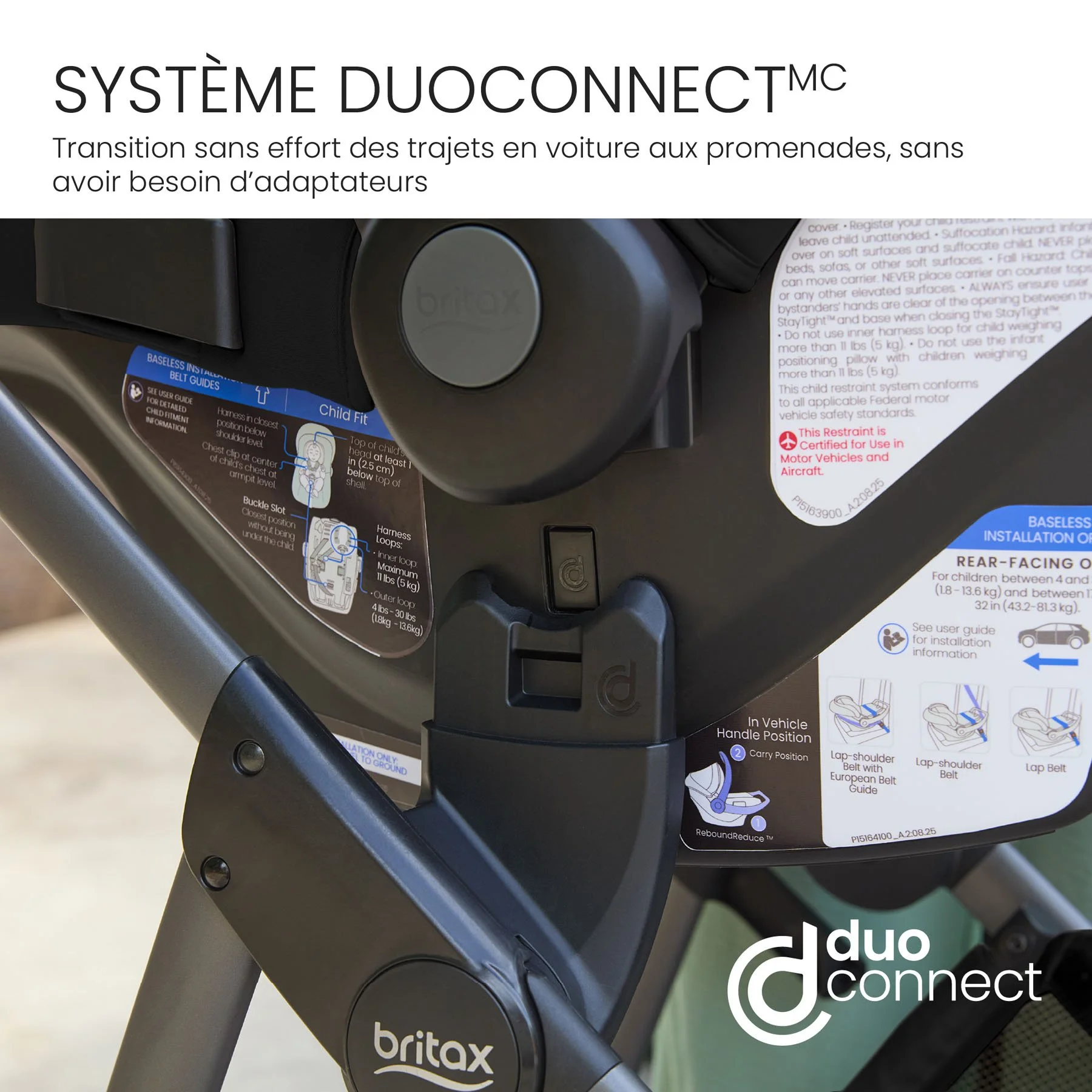 Système DuoConnect. Transition sans effort des trajets en voiture aux promenades, sans avoir besoin d’adaptateurs. 