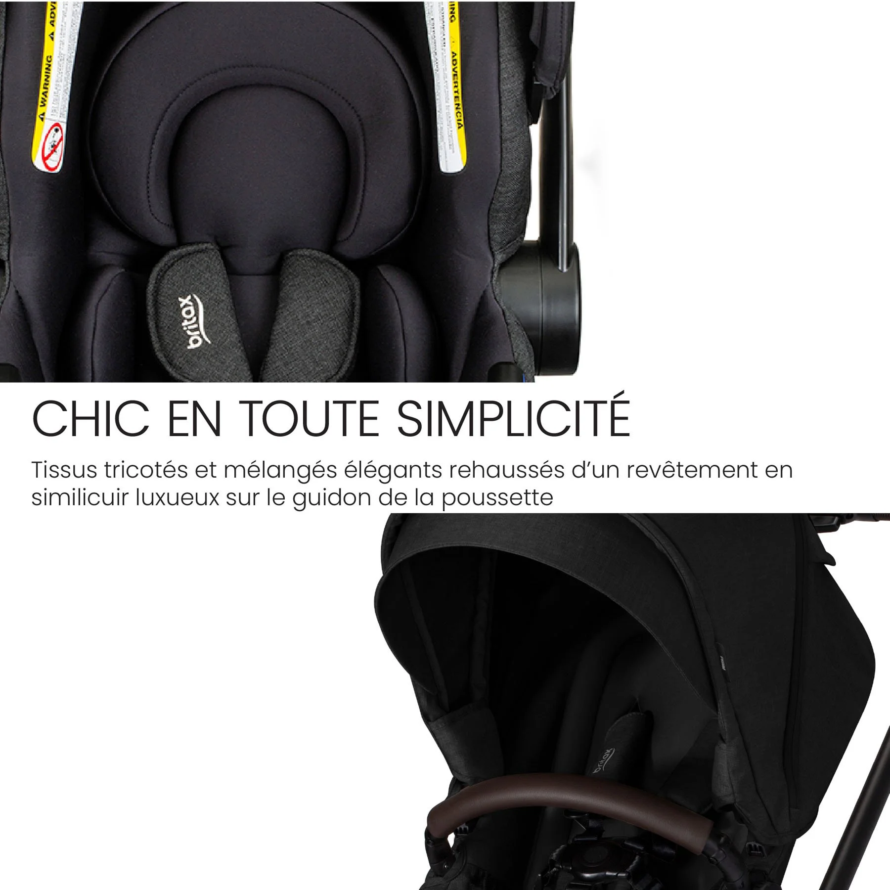 Tissus tricotés et mélangés élégants rehaussés d’un revêtement en similicuir luxueux sur le guidon de la poussette. 