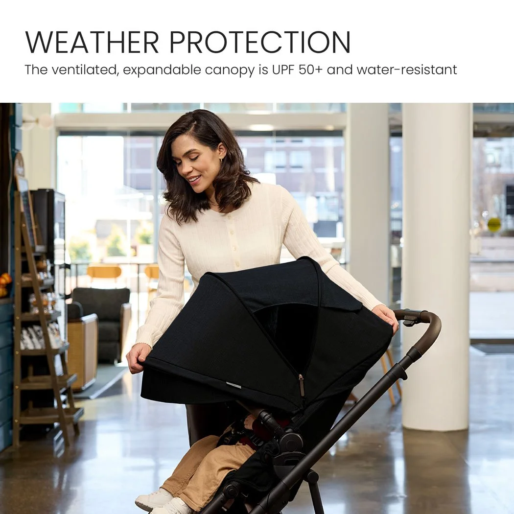 Weather protection. The ventilated, expandable canopy is UPF 50+ and water-resistant.  