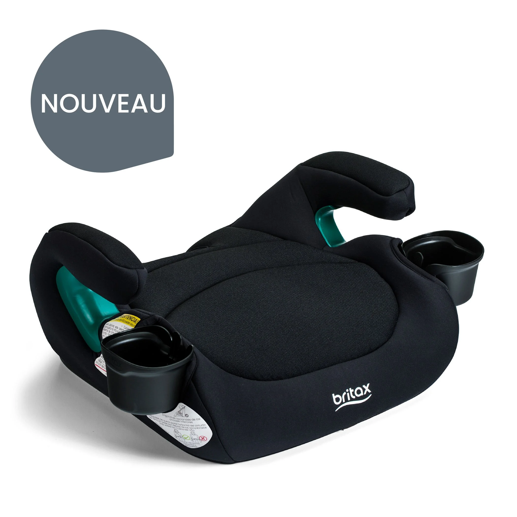 Nouveau. Un rehausseur de siège auto sans dossier, avec une housse noire, des accoudoirs et deux porte-gobelets.