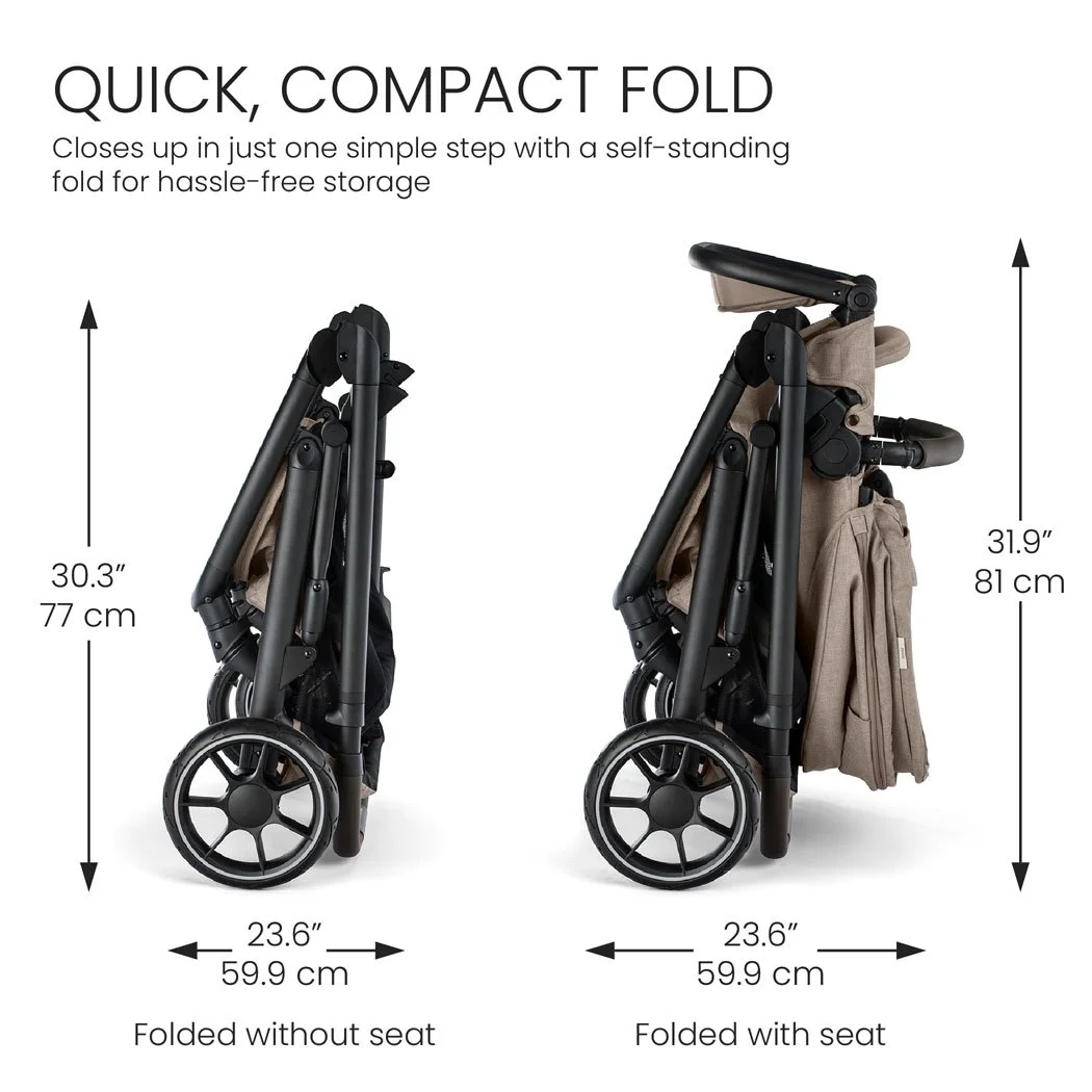 Quick, compact fold. Closes in just one simple step with a self-standing fold for hassle-free storage.