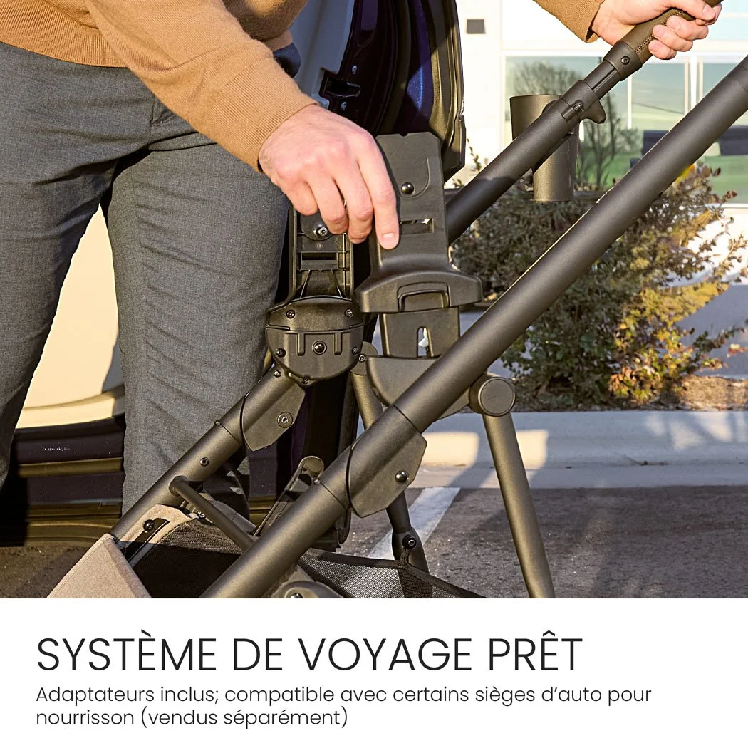 Prête pour système de voyage. Adaptateurs inclus; compatible avec certains sièges d’auto (vendus séparément). 