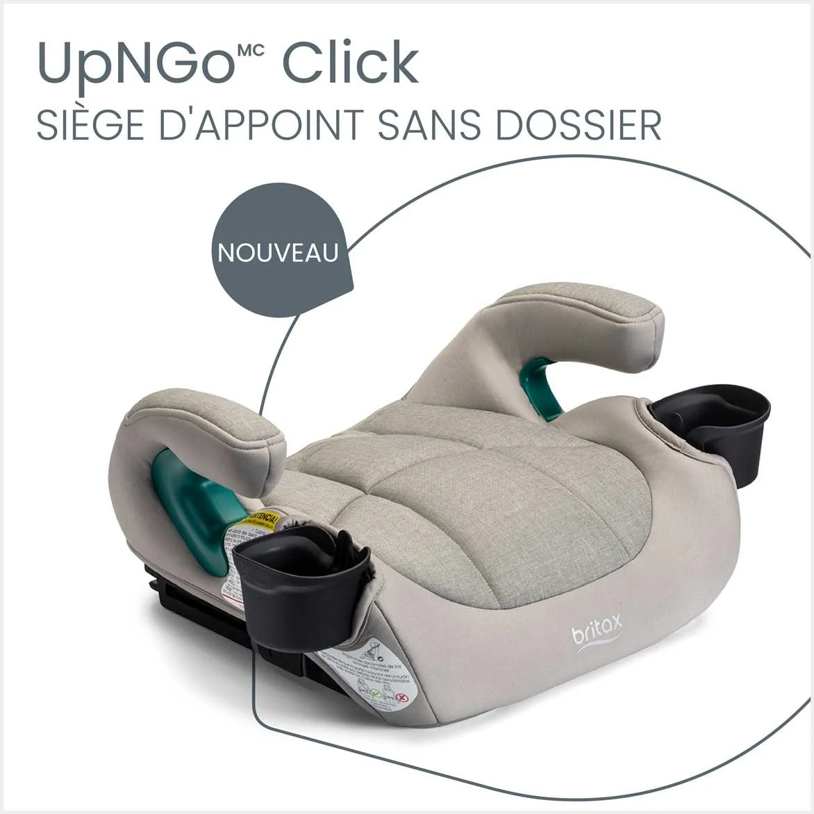Nouveau. Un rehausseur de siège auto sans dossier, avec une housse beige, des accoudoirs et deux porte-gobelets.