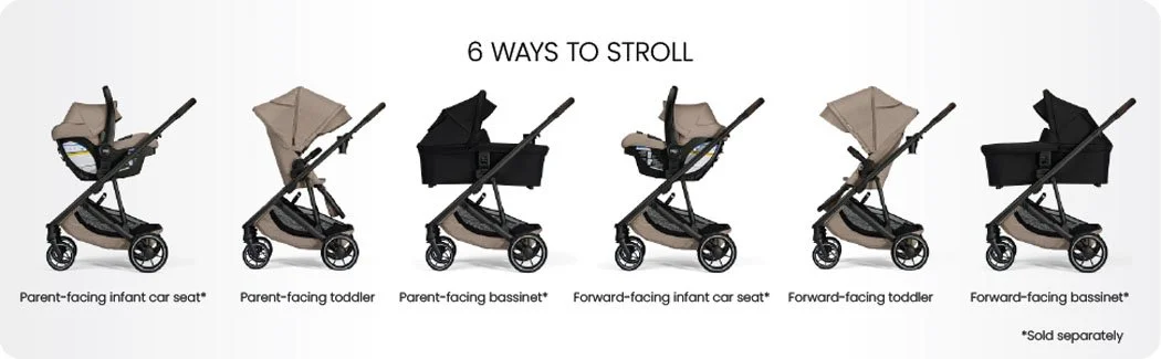 6 ways to stroll. Car seat and bassinet sold separately.