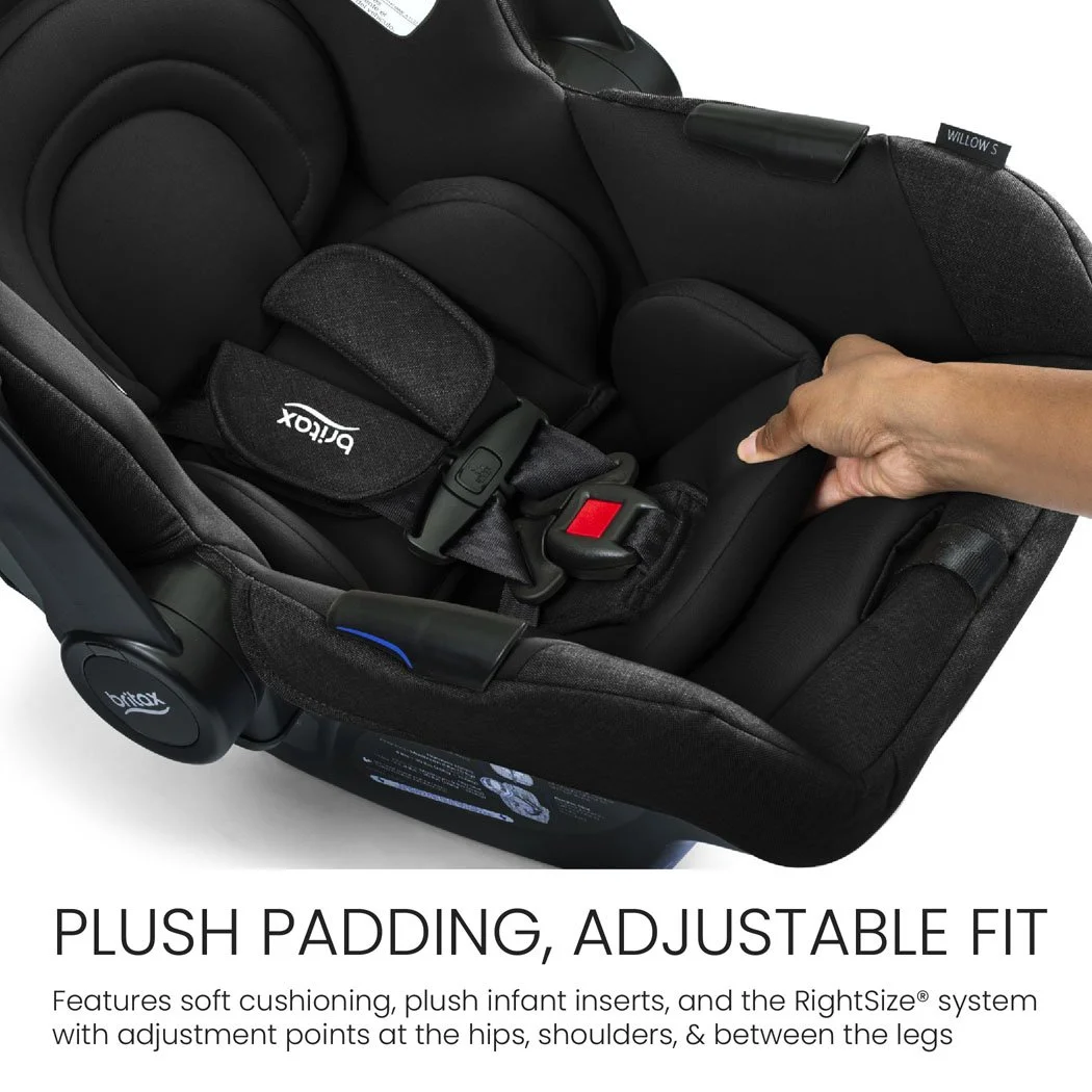 Plush padding, adjustable fit. Features soft cushioning, plush infant inserts, and the RightSize system. 