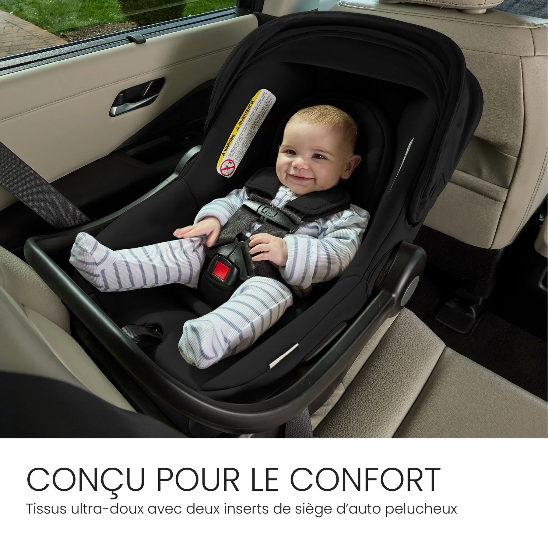Conçu pour le confort. Tissus ultra-doux avec deux inserts de siège d’auto pelucheux pour les nourrissons jusqu’à 5 kg. 