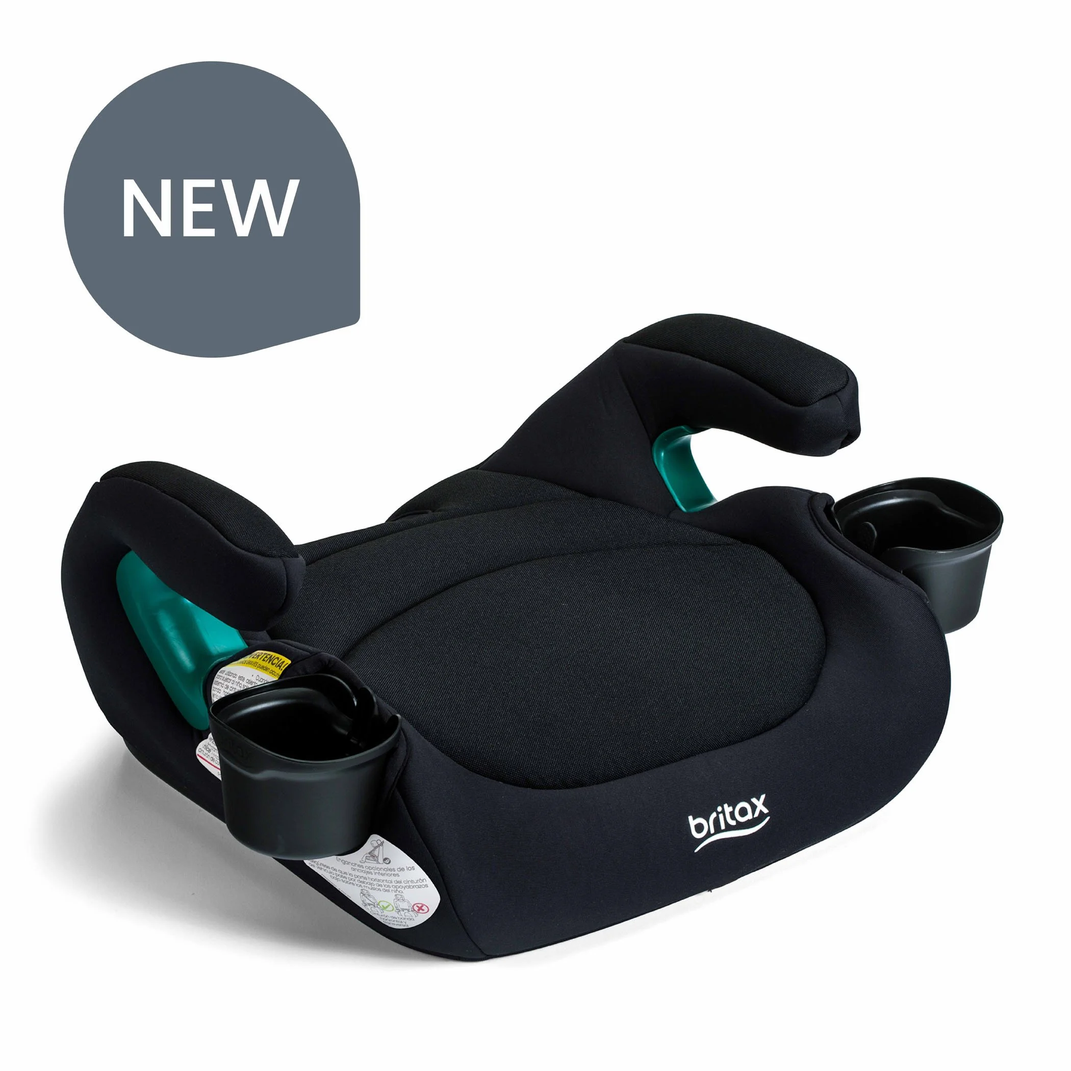 A backless booster car seat with a black cover, armrests, and two cup holders.