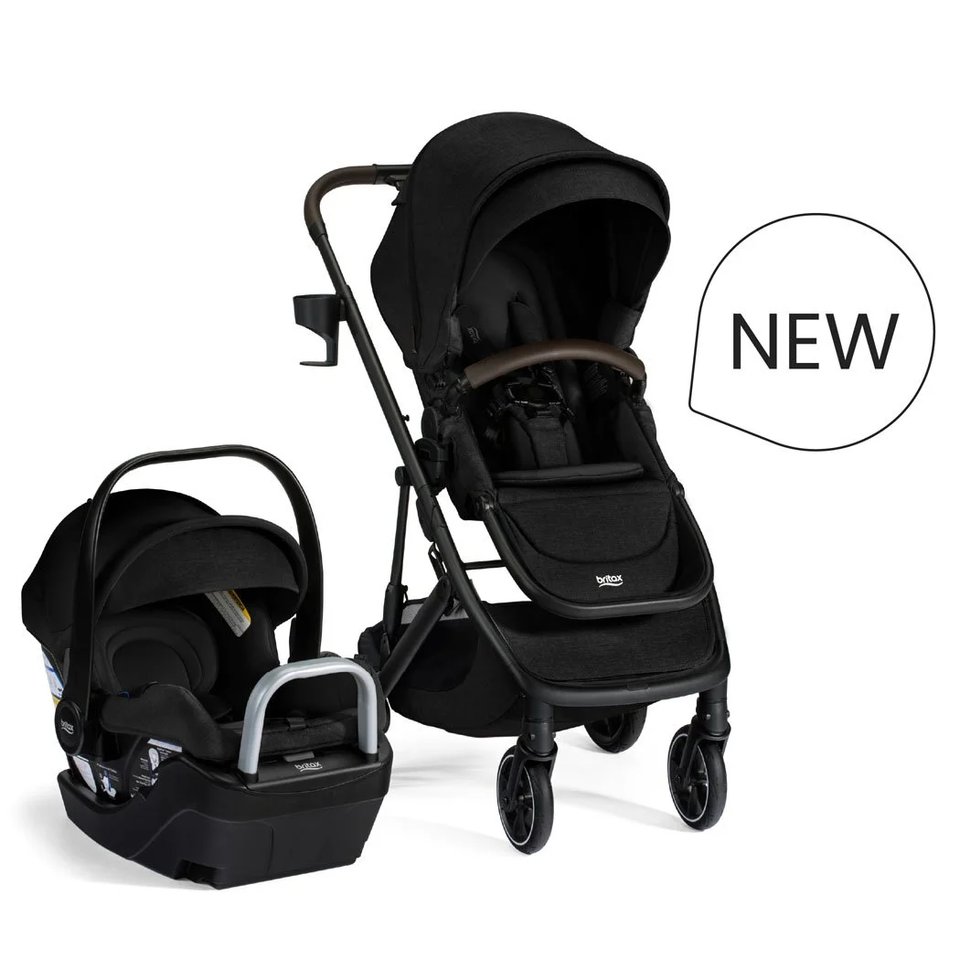 New. A black stroller and infant car seat on a car seat base. 