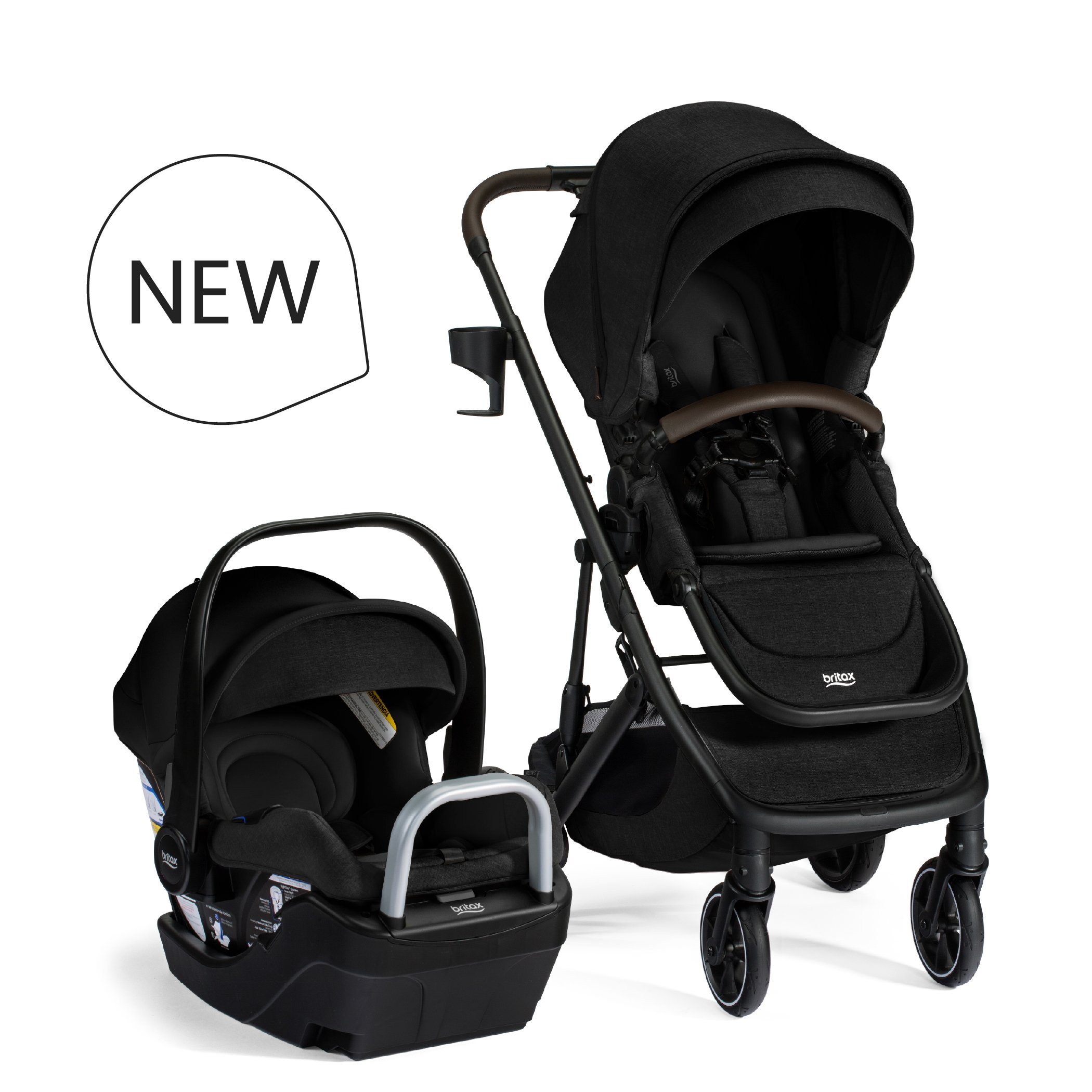 New Raven Black Travel System stroller with cupholder and infant car seat with anti-rebound bar